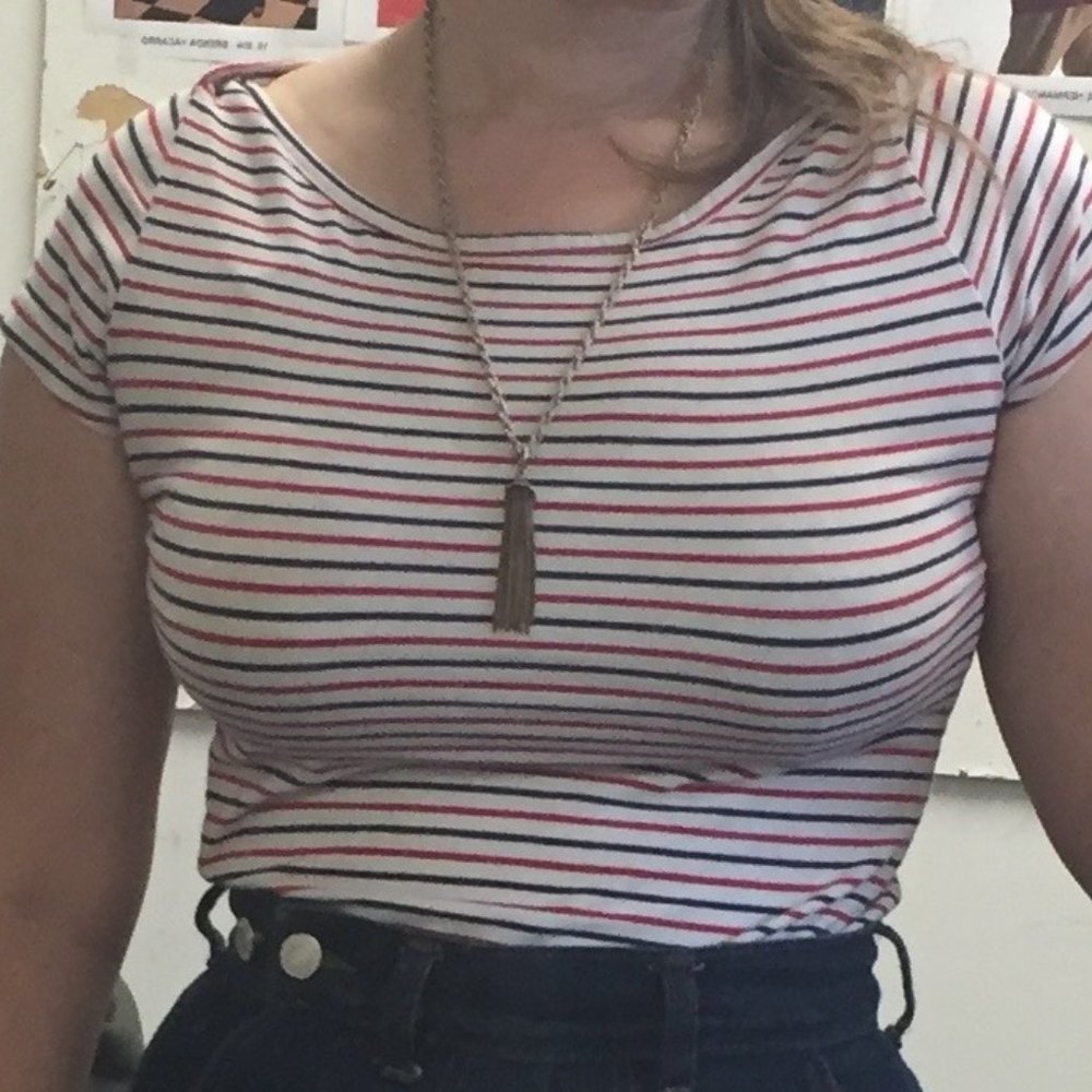 Vintage repro Freddies of Pinewood red, white, and navy striped top / tee shirt